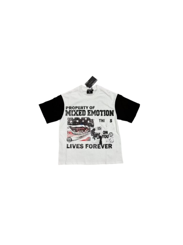 Mixed Emotion Black Color Blocked Sleeves Vintage Collage Portrait Flag Letter Print T-shirt 29502355