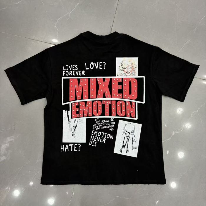 Mixed Emotion Distressed Frayed Edge Vintage Portrait Collage Rhinestone Letter Print T-shirt 29502343