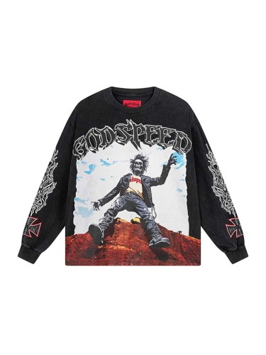 [50% Off]Godspeed Colorblocked High Slope Skull Print Washed Version Long Sleeve T-Shirt 2 colors 27958352