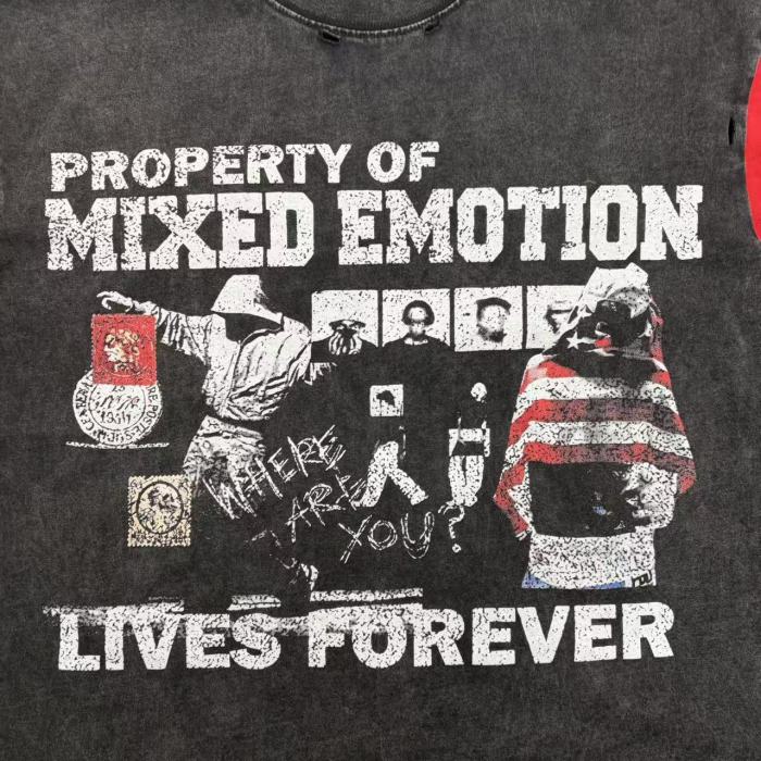 Mixed Emotion Red Color Blocked Sleeves Vintage Washed Portrait Collage Letter Print T-shirt 29502350