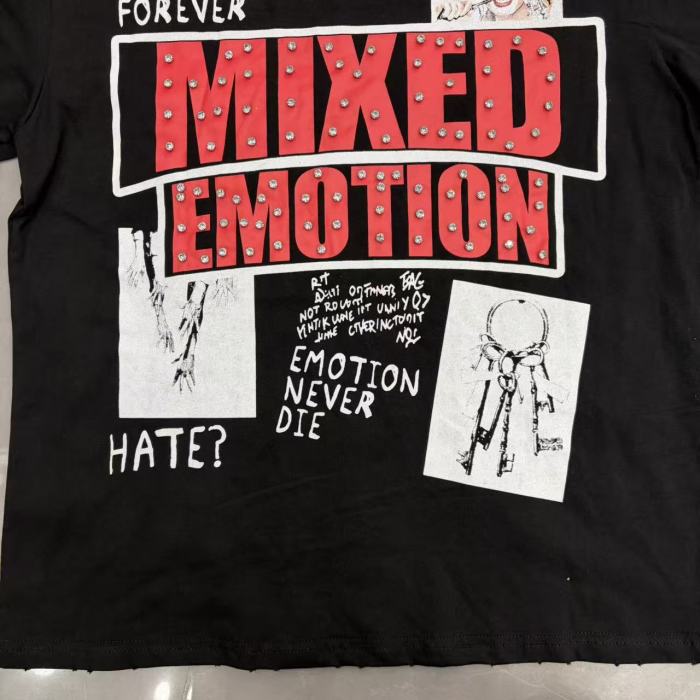 Mixed Emotion Distressed Frayed Edge Vintage Portrait Collage Rhinestone Letter Print T-shirt 29502343