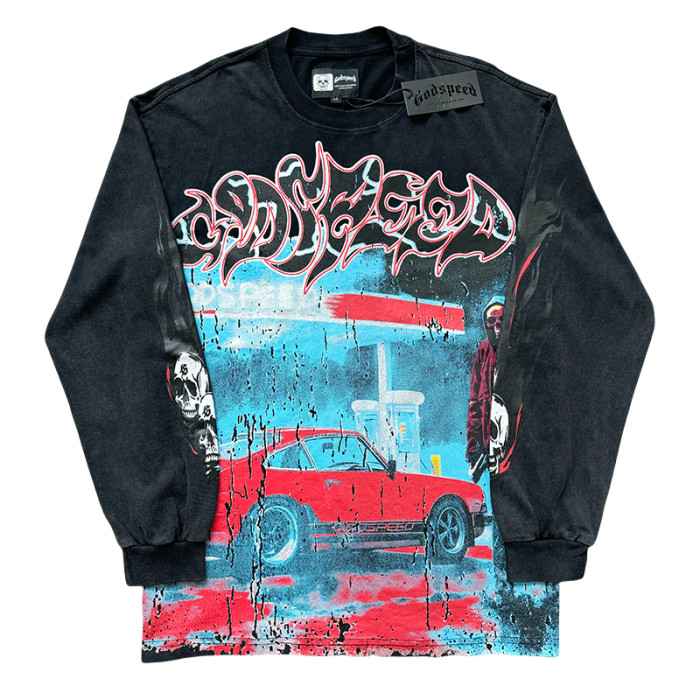 [50% Off]Godspeed Gas Station Skull Printed Washed Version Long Sleeve T-Shirt 4 colors 28128574