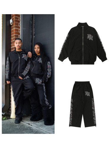 [50% Off]Mixed Emotion Embroidered Logo Colorful Rhinestone  Nylon Jacket & Pants Set 28216326