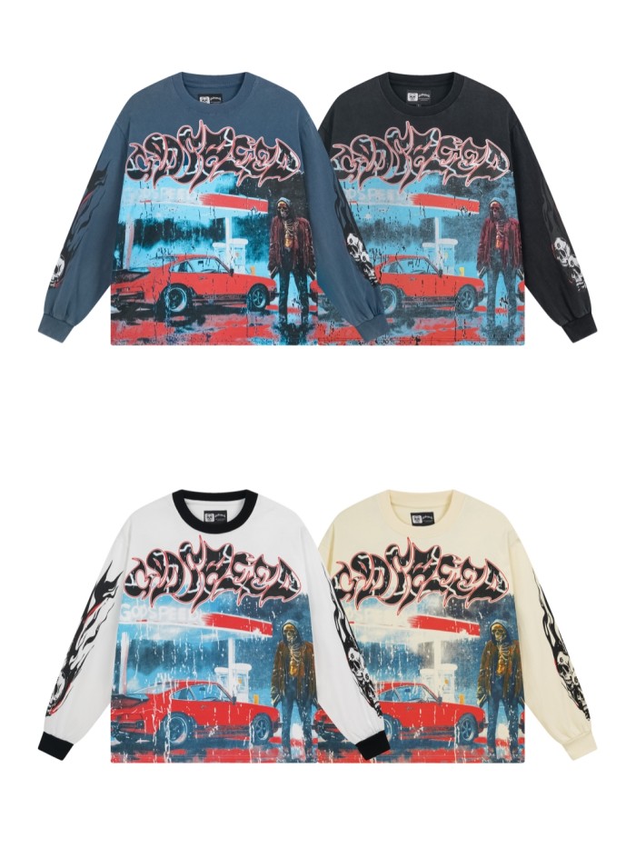 [50% Off]Godspeed Gas Station Skull Printed Washed Version Long Sleeve T-Shirt 4 colors 28128574