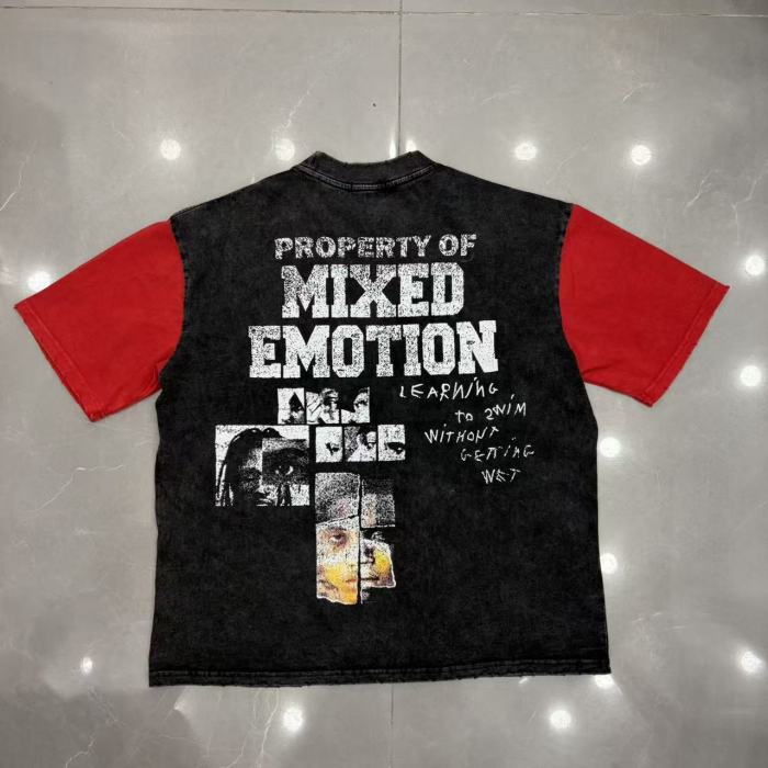 Mixed Emotion Red Color Blocked Sleeves Vintage Washed Portrait Collage Letter Print T-shirt 29502350
