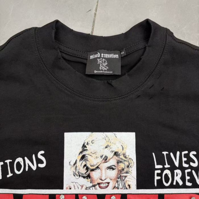 Mixed Emotion Distressed Frayed Edge Vintage Portrait Collage Rhinestone Letter Print T-shirt 29502343