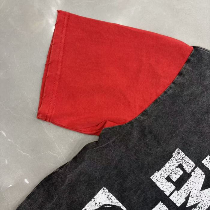 Mixed Emotion Red Color Blocked Sleeves Vintage Washed Portrait Collage Letter Print T-shirt 29502350