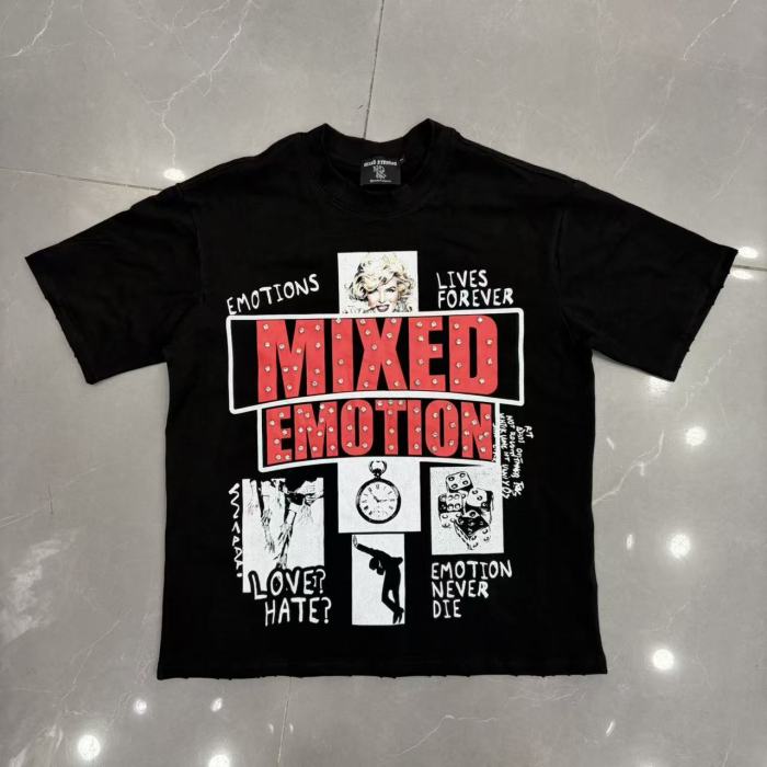 Mixed Emotion Distressed Frayed Edge Vintage Portrait Collage Rhinestone Letter Print T-shirt 29502343