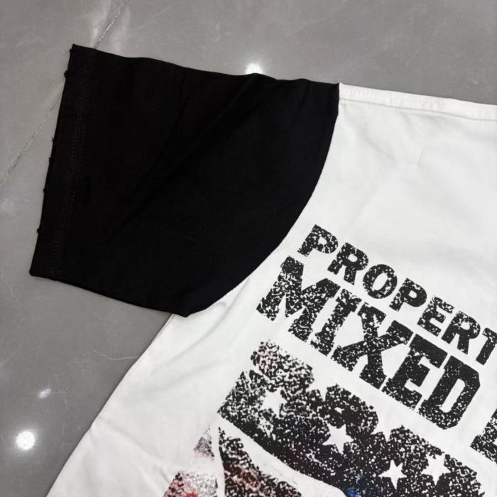 Mixed Emotion Black Color Blocked Sleeves Vintage Collage Portrait Flag Letter Print T-shirt 29502355