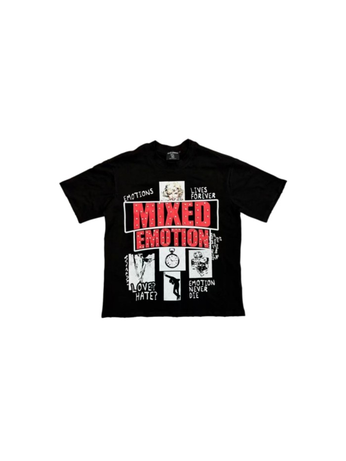 Mixed Emotion Distressed Frayed Edge Vintage Portrait Collage Rhinestone Letter Print T-shirt 29502343