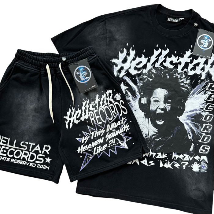 [50% Off]Hellstar Studio Sounds of Heaven Little Boy Printed Washed Version Tee & Shorts Set 28113692