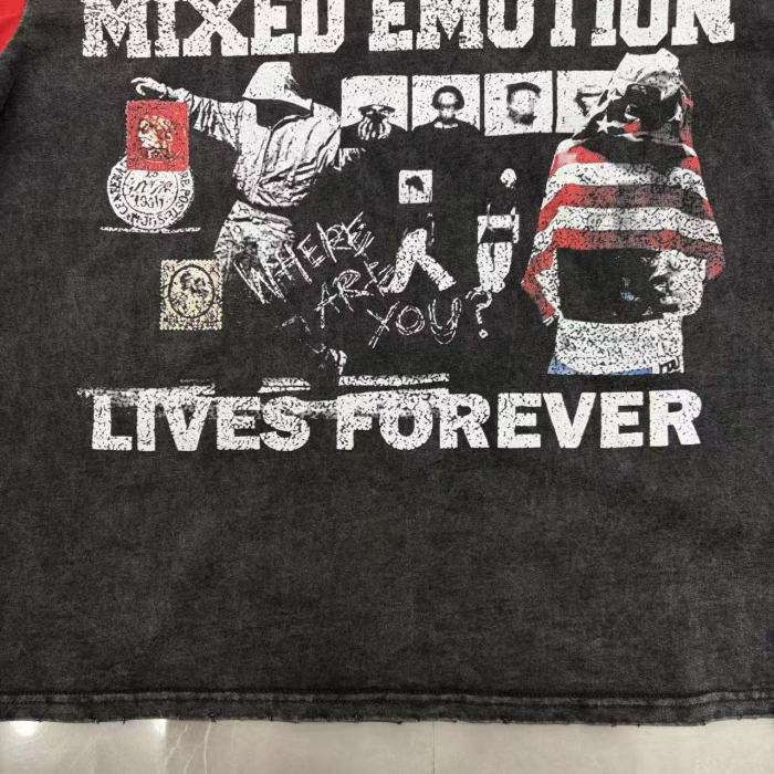Mixed Emotion Red Color Blocked Sleeves Vintage Washed Portrait Collage Letter Print T-shirt 29502350