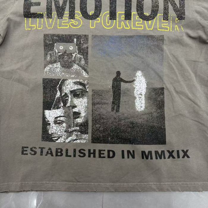 Mixed Emotion Yellow Ringer Vintage Art Portrait Collage Hole Distressed T-shirt 29502411
