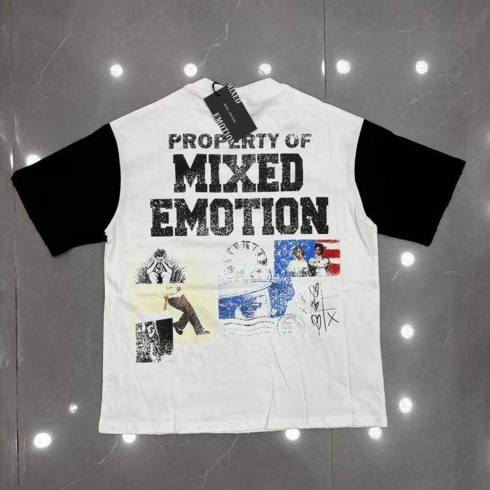 Mixed Emotion Black Color Blocked Sleeves Vintage Collage Portrait Flag Letter Print T-shirt 29502355