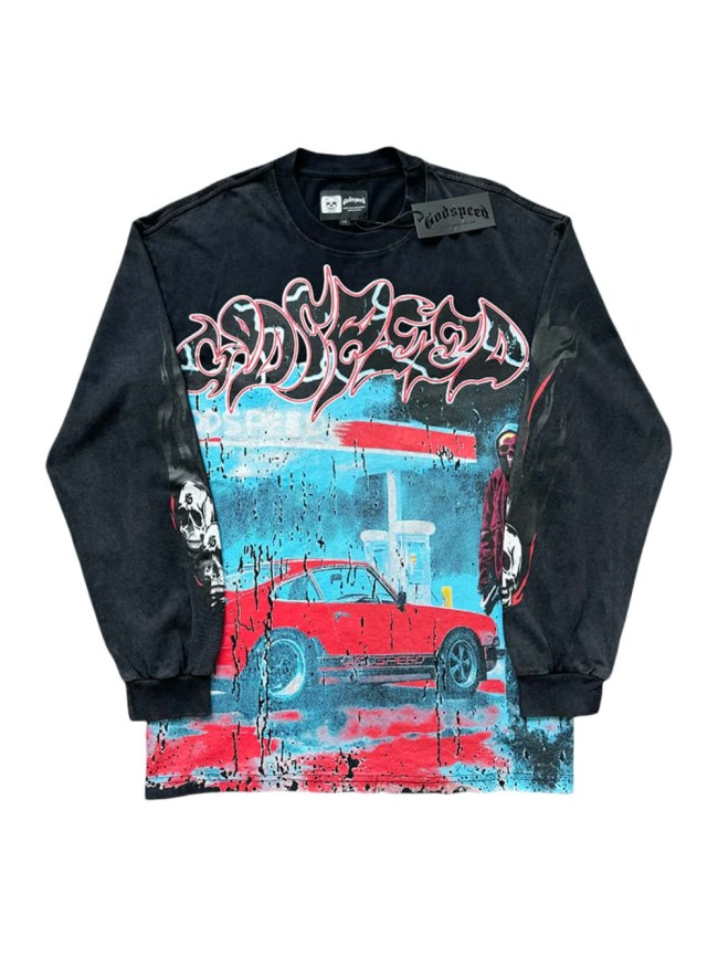 [50% Off]Godspeed Gas Station Skull Printed Washed Version Long Sleeve T-Shirt 4 colors 28128574