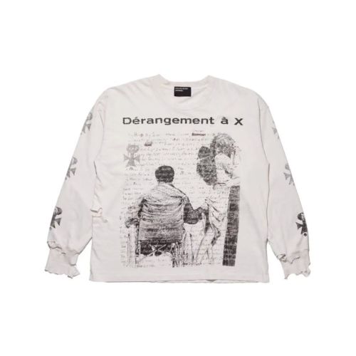 ERD Distressed Portrait Mystic Rune Print Frayed Long Sleeve T-Shirt 29502046