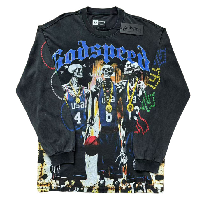 [50% Off]Godspeed Skulls Basketball Team Print Washed Version Long Sleeve T-Shirt 2 colors 27954155
