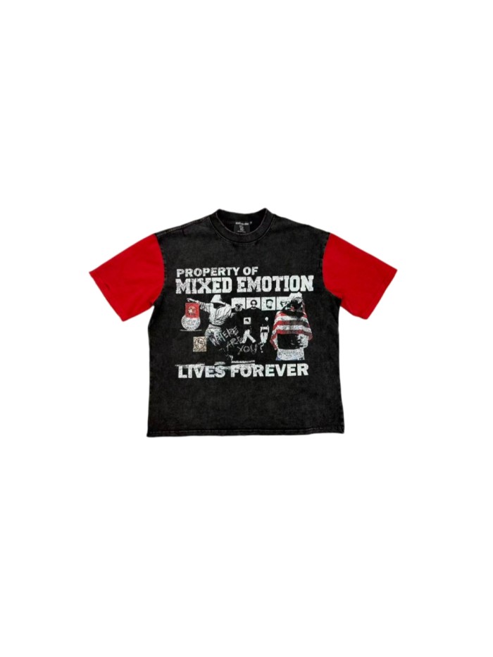 Mixed Emotion Red Color Blocked Sleeves Vintage Washed Portrait Collage Letter Print T-shirt 29502350