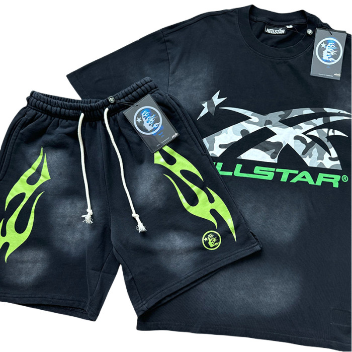 [50% Off]Hellstar Studio Camouflage Logo Washed Version Tee & Shorts Set 28214412