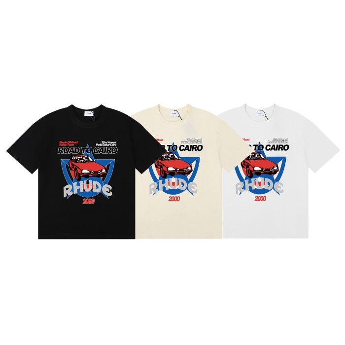 Rhude Red Rally Car Blue Five Pointed Star Frame Letter Print Tee 3 colors 29504164