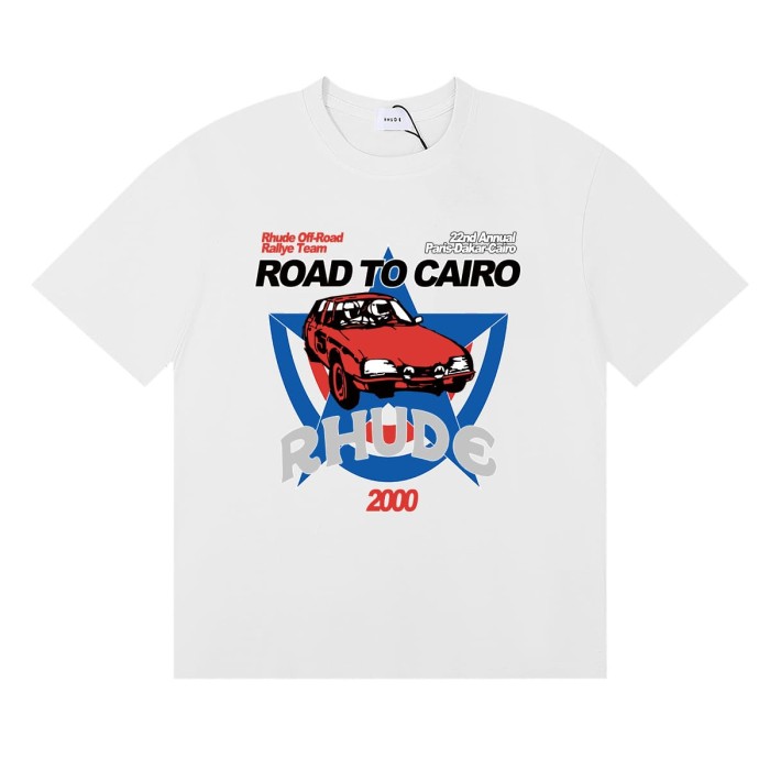 Rhude Red Rally Car Blue Five Pointed Star Frame Letter Print Tee 3 colors 29504164