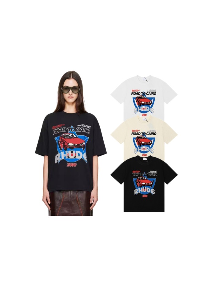 Rhude Red Rally Car Blue Five Pointed Star Frame Letter Print Tee 3 colors 29504164