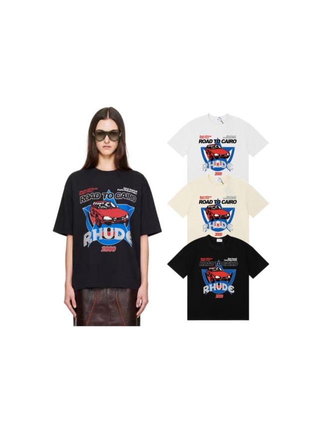 Rhude Red Rally Car Blue Five Pointed Star Frame Letter Print Tee 3 colors 29504164