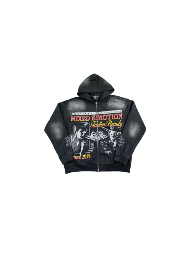 Mixed Emotion High Street Washed Black Angel Art Rhinestone Letter Full Zip Oversized Hoodie 29287174