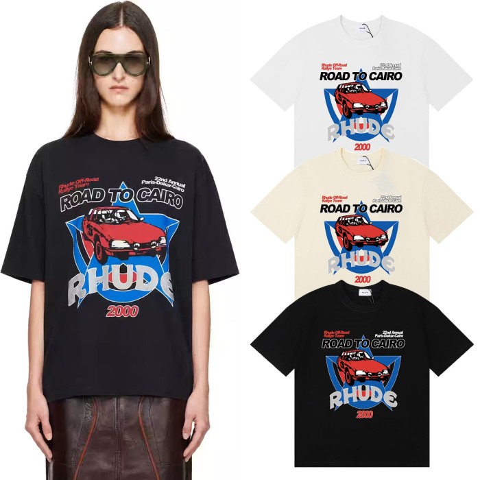 Rhude Red Rally Car Blue Five Pointed Star Frame Letter Print Tee 3 colors 29504164