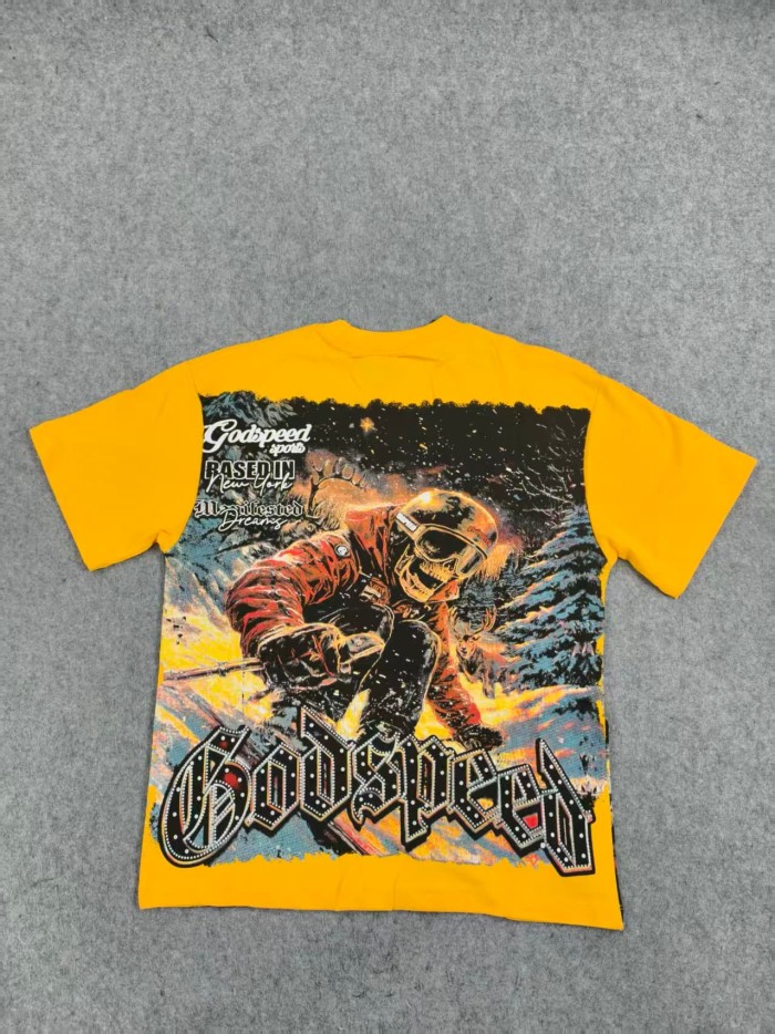 Godspeed Skiing skull hot-fix rhinestone letters yellow double-sided printed short-sleeved T-shirt 29051353