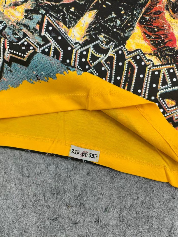 Godspeed Skiing skull hot-fix rhinestone letters yellow double-sided printed short-sleeved T-shirt 29051353
