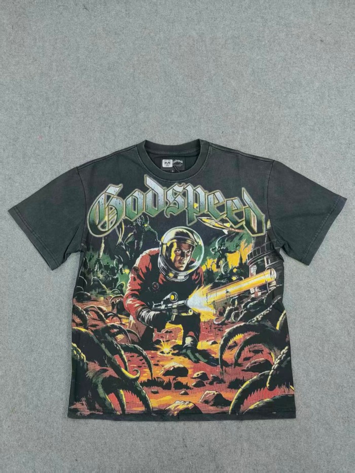 Godspeed Retro Alien Horror Streetwear Front Vintage Space Warrior Monster Distressed Comic Gothic Letter Print Back Gradient Sun Eye Symbol T-Shirt 29345682