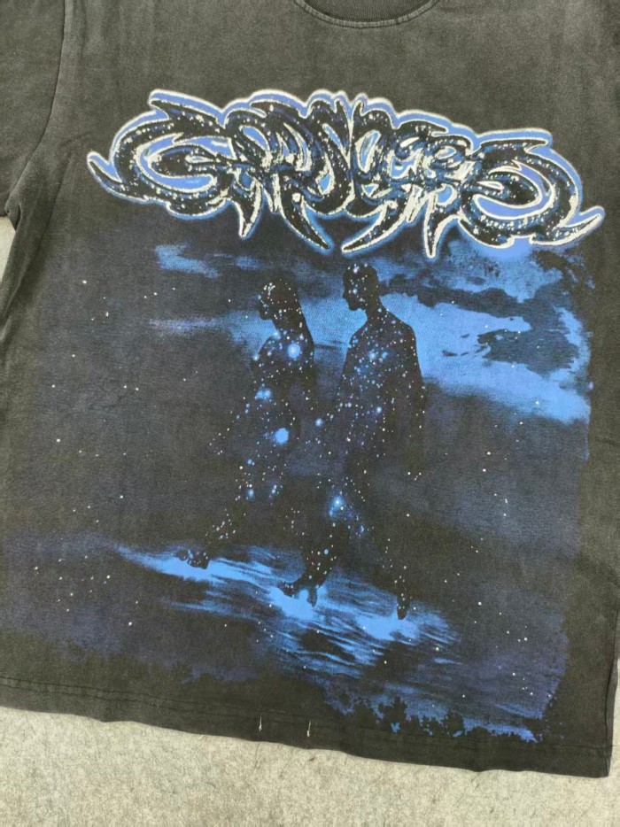 Godspeed Retro Dark Dream Streetwear Front Blue Outline Graffiti Letter Starry Human Silhouette Scene Back Blue Border Galaxy GS Logo T-Shirt 29345676