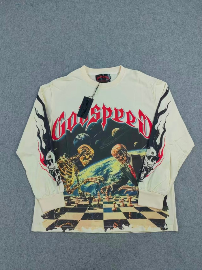 Godspeed Space Skeleton Chess Match Print Long Sleeve T-Shirt 2 colors 29334420