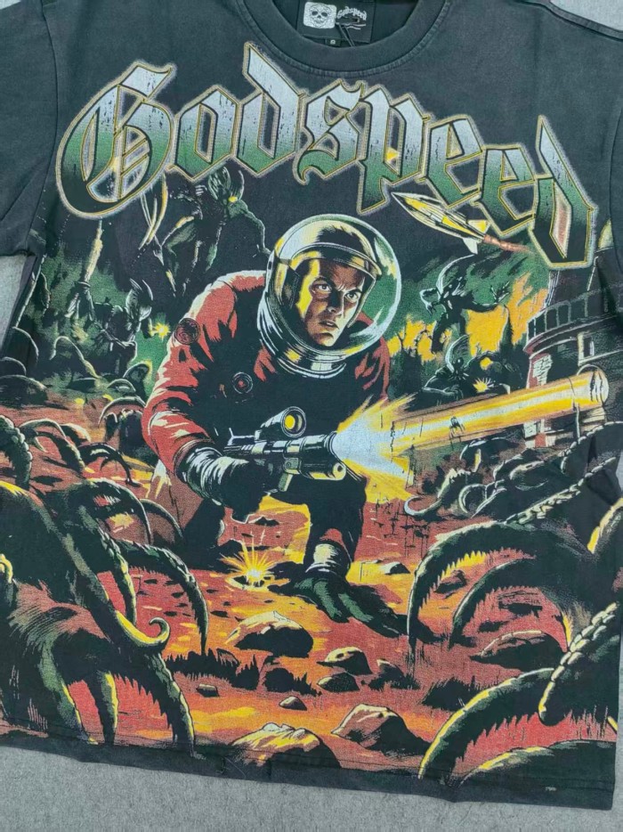 Godspeed Retro Alien Horror Streetwear Front Vintage Space Warrior Monster Distressed Comic Gothic Letter Print Back Gradient Sun Eye Symbol T-Shirt 29345682