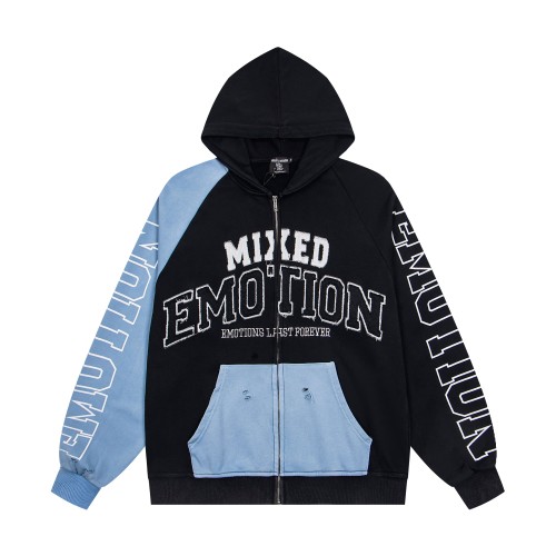 Mixed Emotion Color Block Overlay Embroidery Letter Distressed Washed Zip Up Hoodie 2 colors 29509515