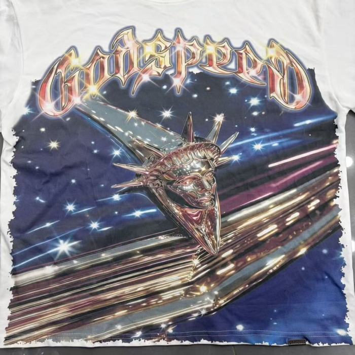Godspeed Statue Of Liberty Starry Sky Metal Speed Line Print Metallic Gothic Letter T-Shirt 29509326