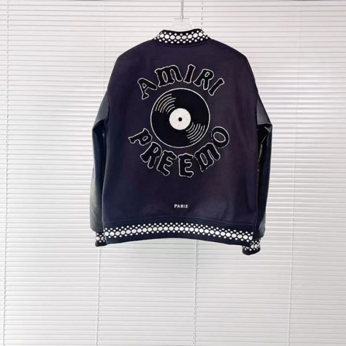 Amiri 1:1 quality version Wool Leather Sleeve Polka Dot Trim Vinyl Record Embroidery Varsity Jacket 29510200