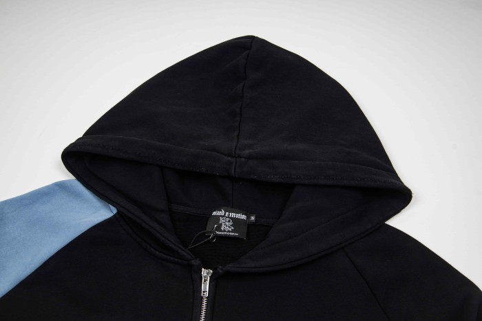 Mixed Emotion Color Block Overlay Embroidery Letter Distressed Washed Zip Up Hoodie 2 colors 29509515