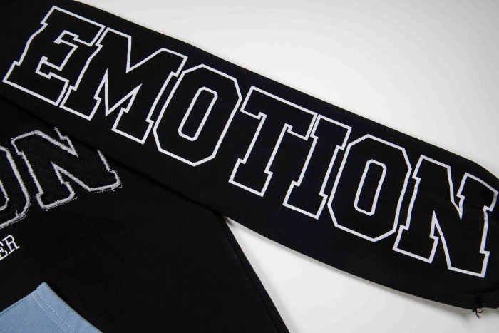 Mixed Emotion Color Block Overlay Embroidery Letter Distressed Washed Zip Up Hoodie 2 colors 29509515
