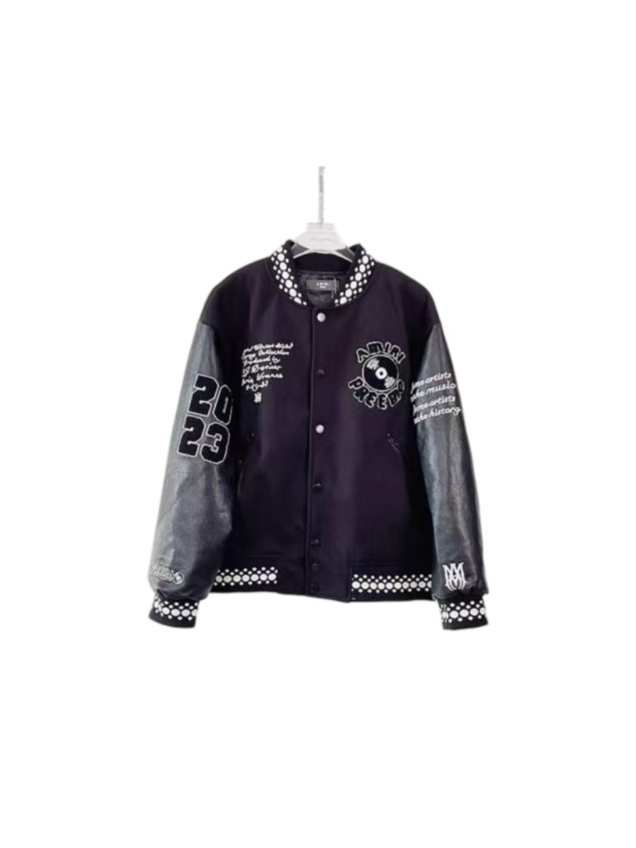 Amiri 1:1 quality version Wool Leather Sleeve Polka Dot Trim Vinyl Record Embroidery Varsity Jacket 29510200