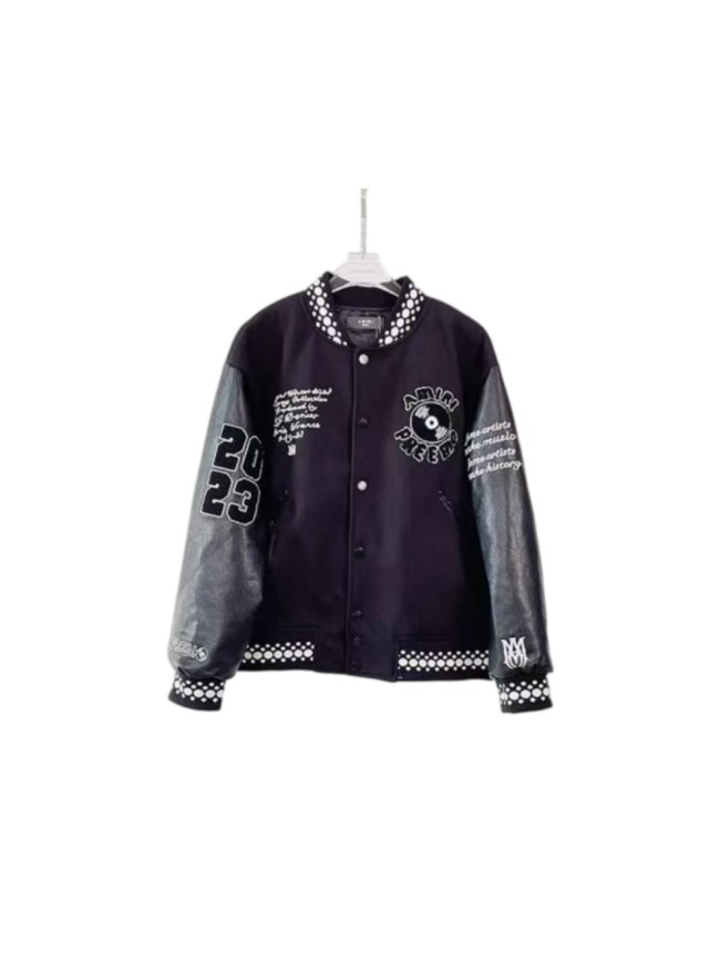 Amiri 1:1 quality version Wool Leather Sleeve Polka Dot Trim Vinyl Record Embroidery Varsity Jacket 29510200