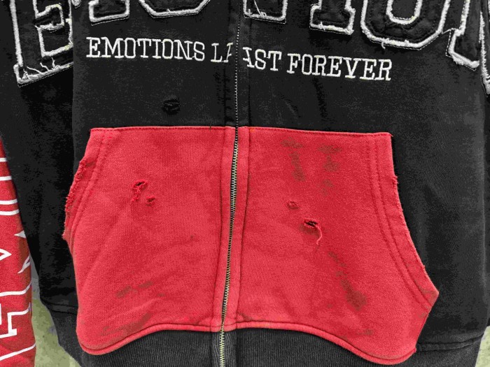 Mixed Emotion Color Block Overlay Embroidery Letter Distressed Washed Zip Up Hoodie 2 colors 29509515