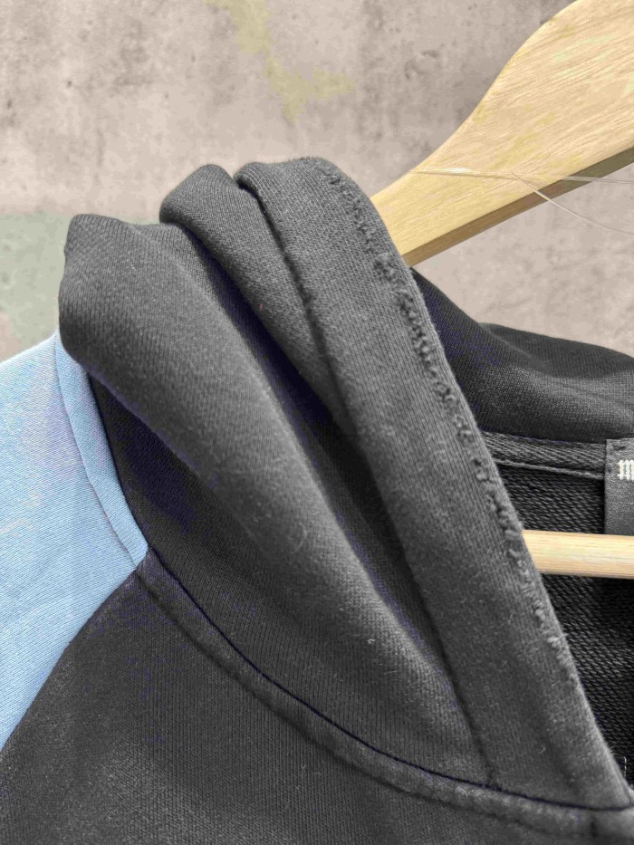 Mixed Emotion Color Block Overlay Embroidery Letter Distressed Washed Zip Up Hoodie 2 colors 29509515