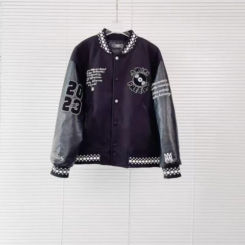 Amiri 1:1 quality version Wool Leather Sleeve Polka Dot Trim Vinyl Record Embroidery Varsity Jacket 29510200