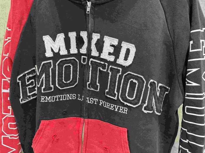 Mixed Emotion Color Block Overlay Embroidery Letter Distressed Washed Zip Up Hoodie 2 colors 29509515