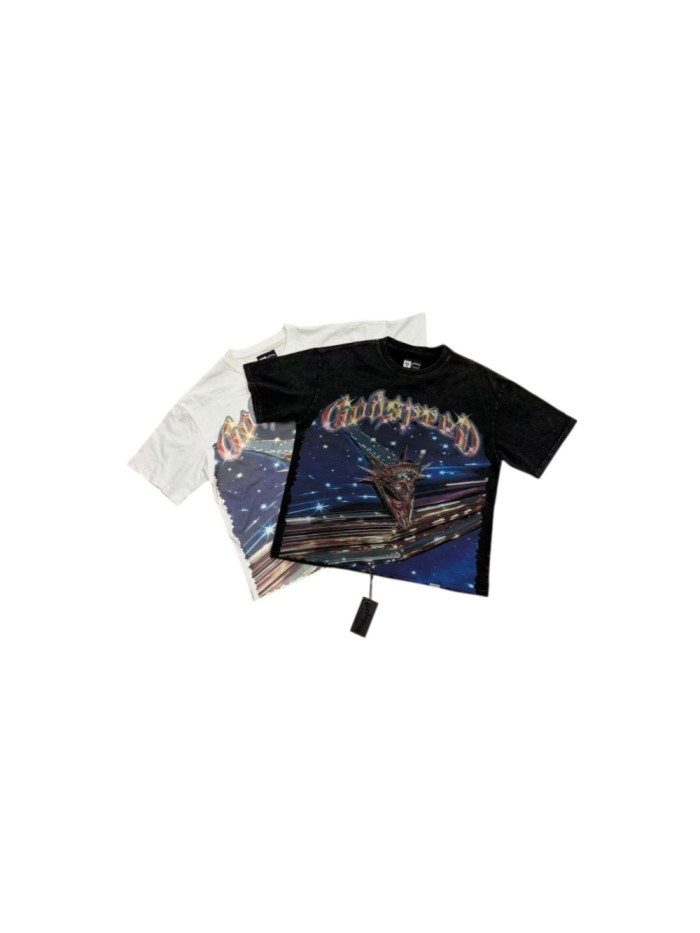 Godspeed Statue Of Liberty Starry Sky Metal Speed Line Print Metallic Gothic Letter T-Shirt 29509326