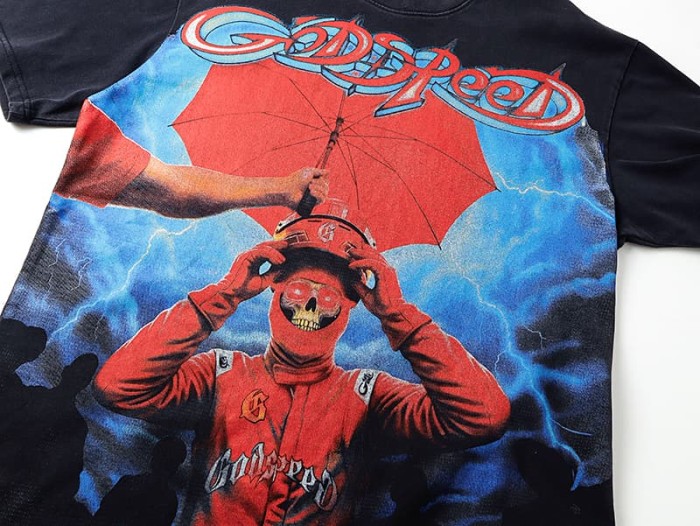 Godspeed Washed Distressed Skeleton Racer Red Umbrella Thunderstorm T-Shirt 2 colors 29509342