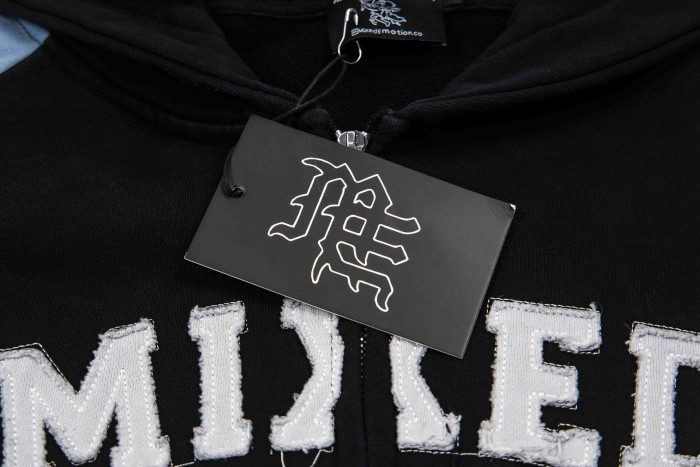 Mixed Emotion Color Block Overlay Embroidery Letter Distressed Washed Zip Up Hoodie 2 colors 29509515