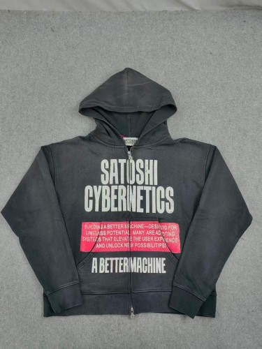Satoshi Nakamoto Washed Layered Letter Print Cropped Zip Up Loose Fit Hoodie 29493446